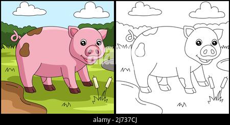 Pig coloring pagina Illustrazione colorata Illustrazione Vettoriale