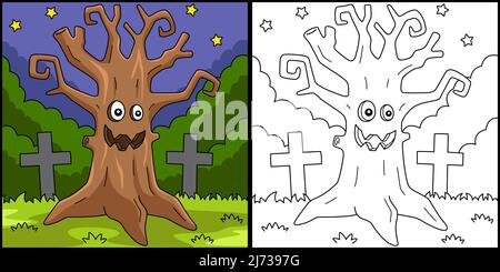 Albero spaventoso Halloween colorazione pagina Illustrazione Illustrazione Vettoriale