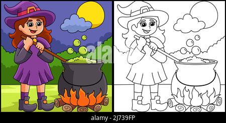 Witch Potion Pot Halloween colorazione pagina Illustrazione Vettoriale