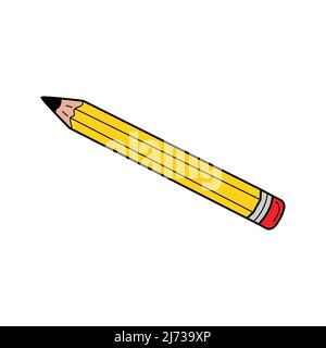 Una semplice matita con gomma. Articolo scolastico, forniture per ufficio. Doodle. Illustrazione vettoriale colorata disegnata a mano. Gli elementi di progettazione sono isolati su un Illustrazione Vettoriale