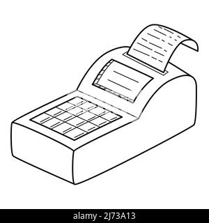 Il registratore di cassa. Icona lineare. Illustrazione vettoriale in bianco e nero disegnata a mano. Isolato su sfondo bianco. Illustrazione Vettoriale