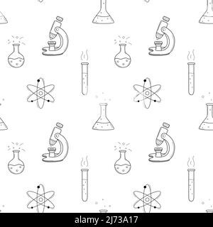 Modello senza giunzioni con oggetti chimici, provetta, matraccio, becher, microscopio, atomo. Elementi di contorno disegnati a mano. Design monocromatico. Ve in bianco e nero Illustrazione Vettoriale