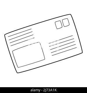 Una busta chiusa. Una lettera con timbri. Corrispondenza postale, messaggio. Icona lineare. Illustrazione vettoriale in bianco e nero disegnata a mano. Isolato su un molo Illustrazione Vettoriale