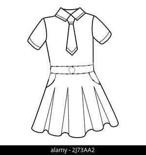 Uniformi scolastiche ragazze. Una blusa con cravatta e gonna. Vestiti. Doodle. Illustrazione vettoriale in bianco e nero disegnata a mano. Gli elementi di progettazione sono iso Illustrazione Vettoriale