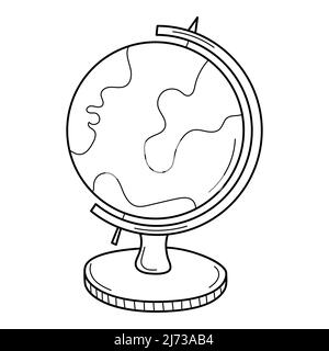 Un globo su un supporto. Articolo scuola. Doodle. Globus. Illustrazione vettoriale in bianco e nero disegnata a mano. Gli elementi di design sono isolati su un backgroun bianco Illustrazione Vettoriale