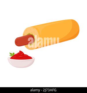 Hot dog con salsiccia con salsa di ketchup in una ciotola. Cane francese, salsiccia in un pannolino. Fast food, snack. Alimenti grassi ad alto contenuto calorico. Stile cartoon piatto Illustrazione Vettoriale