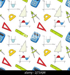 Pattern senza giunture con oggetti matematici, grafici, triangolo, teorema pitagorico, calcolatrice, righelli, compassi . Elementi di riempimento a colori disegnati a mano. Illustrazione Vettoriale