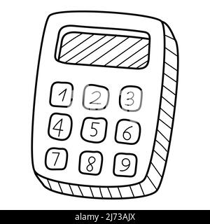Una calcolatrice semplice. Doodle. Illustrazione vettoriale in bianco e nero disegnata a mano. Gli elementi di design sono isolati su sfondo bianco Illustrazione Vettoriale