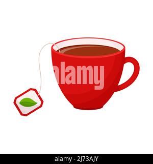 Una tazza di tè caldo con un'etichetta da un teabag con una foglia su di esso. Una bevanda rinvigorente in una tazza rossa. Stile cartoon piatto, isolato su sfondo bianco. Illustrazione Vettoriale