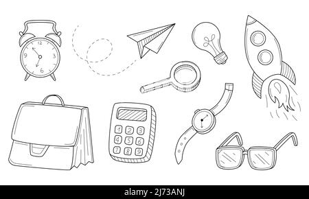 Una serie di icone di doodle. Business, lavoro, avvio. Elementi decorativi disegnati con una penna. Illustrazione vettoriale in bianco e nero. Isolato su un bianco Illustrazione Vettoriale