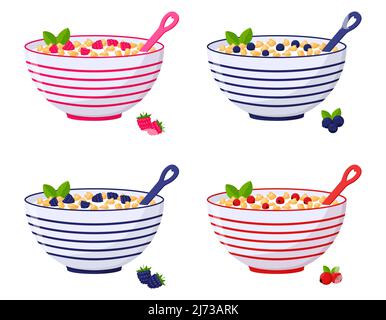 Una serie di ciotole di cereali, fiocchi di mais con bacche, lamponi, mirtilli, mirtilli, mirtilli rossi, more. Colazione sana, porridge di farinata d'avena. Auto piatta Illustrazione Vettoriale