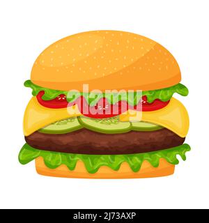 Hamburger con cotoletta, lattuga, formaggio, pomodori, cetrioli. Cheeseburger. Fast food, snack. Alimenti grassi ad alto contenuto calorico. Stile cartoon piatto,isola Illustrazione Vettoriale