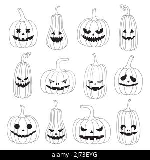 Una serie di zucche lineari bianche e nere con facce divertenti. Halloween contorno zucche disegnate a mano con diverse espressioni facciali. Linearit. Illustrazione Vettoriale