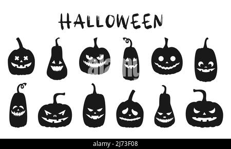 Un set di silhouette in zucca nera con volti spooky. Zucche di Halloween con diverse espressioni facciali. Set di silhouette in lanterna di zucca. Vettore il Illustrazione Vettoriale