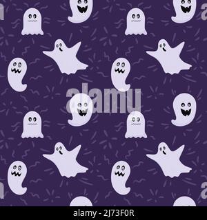 Modello senza cuciture con fantasmi di Halloween. Fantasmi piatti, fantasmi nel foglio. Spaventoso, creepy. Illustrazione vettoriale a colori su sfondo viola scuro Illustrazione Vettoriale