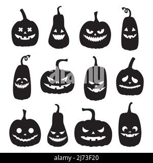Un set di silhouette in zucca nera con volti spooky. Zucche di Halloween con diverse espressioni facciali. Template per scultura Jack o lanterna. Vet Illustrazione Vettoriale