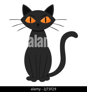 Un gatto nero arrabbiato e cupo è seduto. Stile cartoon piatto. Illustrazione Vettoriale