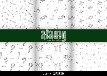 Un set di semplici modelli di scuola senza giunture con articoli di cancelleria della scuola, bambini, una lente d'ingrandimento, tic-tac-toe. Sfondo bianco e nero con isolo Illustrazione Vettoriale