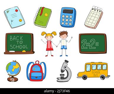Set di icone Doodle. Scuola elementare. Lavagna, globo, bambini, autobus, calcolatrice, notebook, microscopio. Elementi decorativi disegnati a mano. Bianco e nero ou Illustrazione Vettoriale