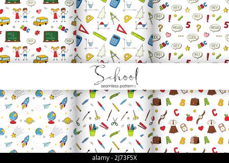 Una serie di schemi scolastici senza soluzione di continuità con cancelleria scolastica, un bus scolastico, grafici, un razzo spaziale. Sfondo bianco e nero con isolato disegno a mano Illustrazione Vettoriale