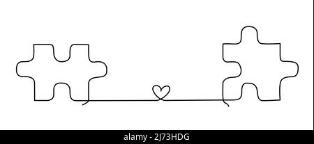 Due pezzi di puzzle collegati con una linea e un cuore. Disegno di linea continuo per concetto di relazione o datazione Illustrazione Vettoriale