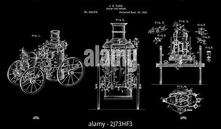 Vintage Steam Fire Engine Blueprint Patent Art Illustrazione Vettoriale