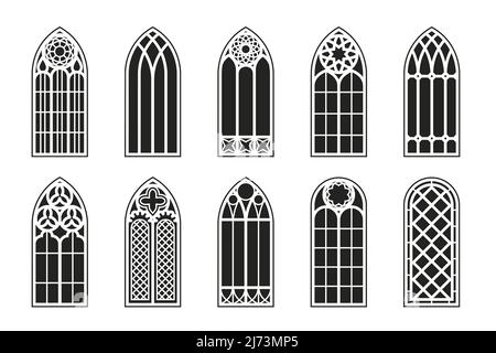 Set di contorni per finestre gotiche. Silhouette delle cornici della chiesa vintage in vetro colorato. Elemento di architettura europea tradizionale. Illustrazione vettoriale Illustrazione Vettoriale