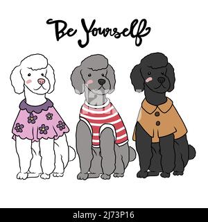 Sia voi stessi, cane del Poodle indossare diverso stile di moda cartoon illustrazione vettoriale Illustrazione Vettoriale