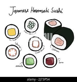 Illustrazione del disegno a linee di sushi giapponese Illustrazione Vettoriale