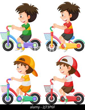 Set di diversi bambini che cavalcano biciclette illustrazione isolata Illustrazione Vettoriale