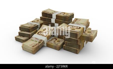 Pila di 1000 banconote da baht thailandesi. 3D emissione di mazzi di banconote Foto Stock