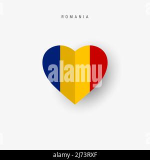 Bandiera a forma di cuore della Romania. Carta Origami tagliata bandiera nazionale rumena. 3D illustrazione vettoriale isolata su bianco con ombra morbida. Illustrazione Vettoriale