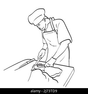 sorridente chef maschio utilizzando coltello con carne sul blocco di tritare illustrazione vettore disegnato a mano isolato su sfondo bianco art. Illustrazione Vettoriale