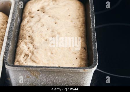 Il processo di preparazione del pane di segale. L'impasto sul pane di segale viene deposto in uno stampo. Fine della lavorazione dell'impasto. Vista frontale. Foto Stock