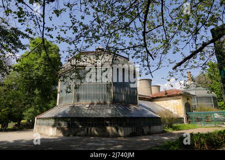Bucarest, Romania - 1 maggio 2022: Vecchie case verdi metalliche nel giardino botanico di Bucarest in una soleggiata primavera. Foto Stock