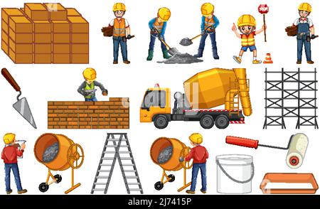 Set di oggetti per cantieri e illustrazione dei lavoratori Illustrazione Vettoriale