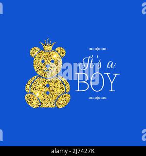 Si tratta di un'illustrazione Boy con l'orsetto in oro brillante su sfondo blu brillante Illustrazione Vettoriale