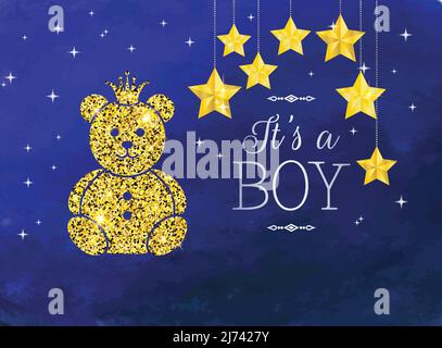 Si tratta di un'illustrazione Boy con l'orsetto d'oro brillante su sfondo blu notte sognante con stelle Illustrazione Vettoriale