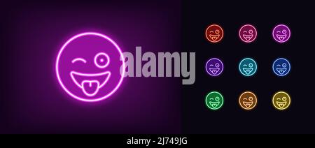 Delineare neon pazzo emoji icona. Emoticon al neon scintillante con lingua e bacchetta, pittogramma sul viso stravagante. Divertente sciocco emoji, faccia di goofy, emozione di loony Illustrazione Vettoriale