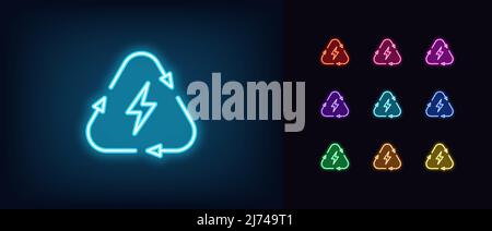 Delineare l'icona di ricarica elettrica al neon. Simbolo di fulmine al neon incandescente con triangolo di riciclo, pittogramma del processo di carica. Carica della batteria del veicolo elettrico Illustrazione Vettoriale