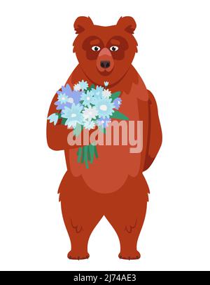 Orso che tiene bouquet di fiori. Animale in stile cartone animato. Illustrazione Vettoriale