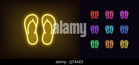 Contorno pantofole neon icona coppia. Silhouette di ciabatte al neon scintillanti, pittogramma Beach flip flops. Vacanze estive e resort, calzature estive in gomma, bea Illustrazione Vettoriale