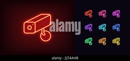 Delineare l'icona della telecamera di sorveglianza al neon. Silhouette della telecamera di sicurezza al neon brillante, pittogramma CCTV. Sistema di monitoraggio video, controllo intelligente della telecamera per la massima sicurezza Illustrazione Vettoriale