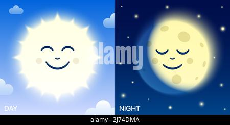 Illustrazione vettoriale di giorno e notte dei cartoni animati con il sole sorridente e i caratteri divertenti della luna dormiente. Illustrazione Vettoriale