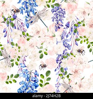 Bellissimo acquerello con glicine e fiori primaverili. Illustrazione Foto Stock