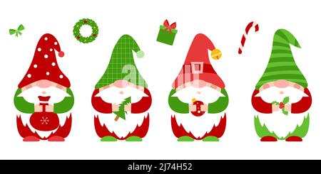 Una serie di piccoli nani di Natale in rosso, vestiti e cappelli verdi, che tengono attributi di Capodanno nelle loro mani.carino gnomes piccoli, personaggi cartoni animati. Illustrazione Vettoriale
