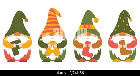 Una collezione di piccole nane pugnali autunnali in caps che tengono le lettere CADERE nelle loro mani. Carino gnomes foresta piccola, personaggi cartoni animati. Colore Vect Illustrazione Vettoriale