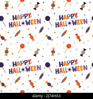 Halloween modello senza giunture con caramelle, lollipop e Halloween parole-felice. Elementi cartoni animati piatti su sfondo bianco. Sfondo a colori per pa Illustrazione Vettoriale