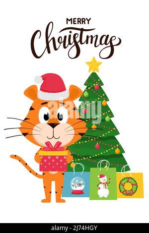 Biglietto di auguri di Natale. Una tigre carina di cartoni animati in un cappello tiene una scatola regalo sullo sfondo di un albero di Natale e borse regalo. La tigre è un simbolo di Illustrazione Vettoriale