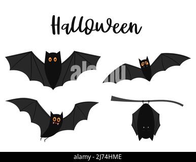 Una serie di pipistrelli neri con occhi gialli. Elementi decorativi di Halloween. Immagine vettoriale cartoon a colori piatta isolata su sfondo bianco Illustrazione Vettoriale